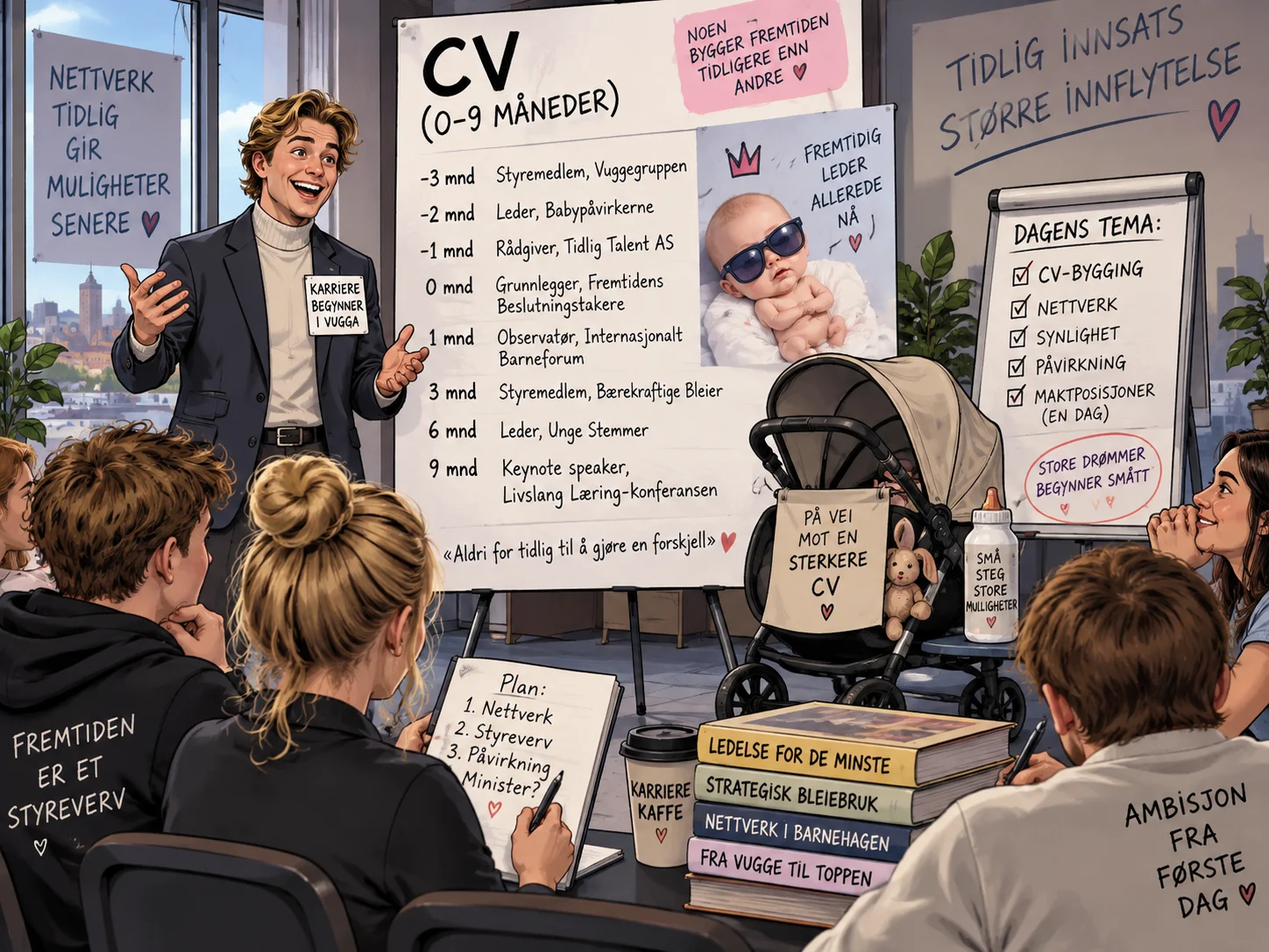 KI-generert satirisk tegneserie av et fiktivt karrierekurs med CV-bygging helt fra spedbarnsalderen.