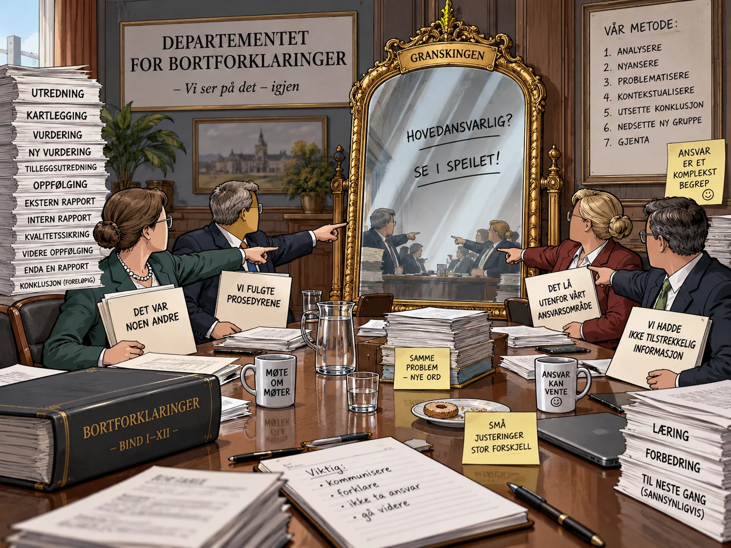 KI-generert satirisk tegneserie av en fiktiv departementsgransking ledet av et stort speil.