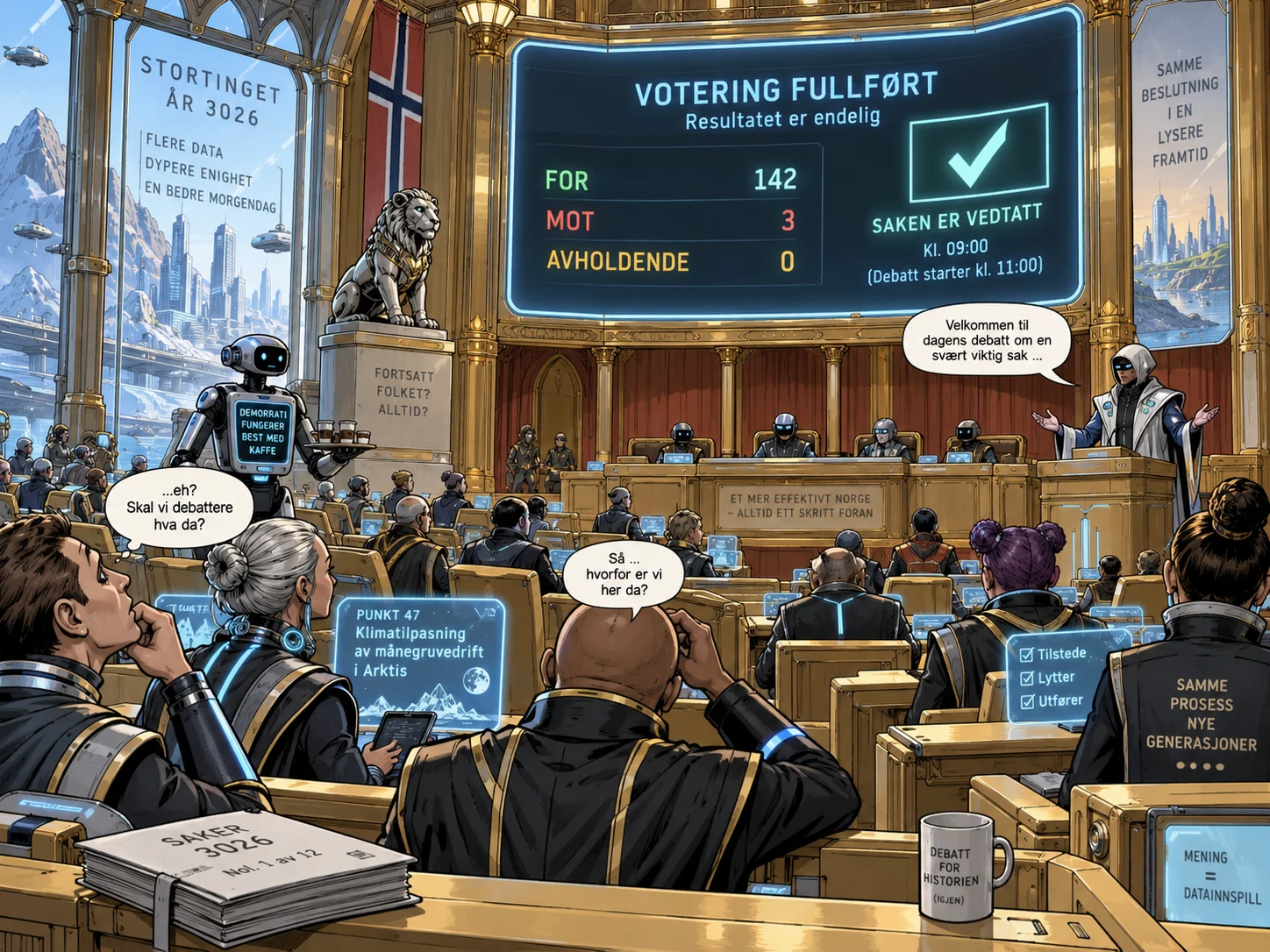 KI-generert satirisk tegneserie av et fiktivt futuristisk parlament der voteringen er ferdig før debatten.