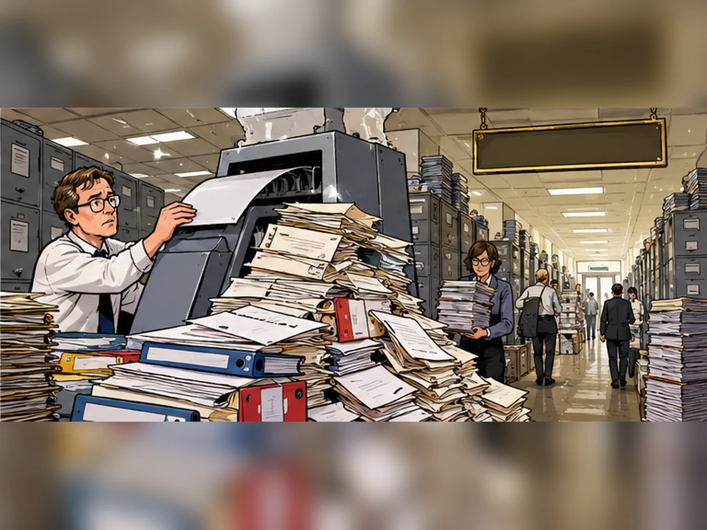 KI-generert tegneserieillustrasjon av et fiktivt offentlig kontor som drukner i bunker med forklaringer, skjemaer og saksmapper.
