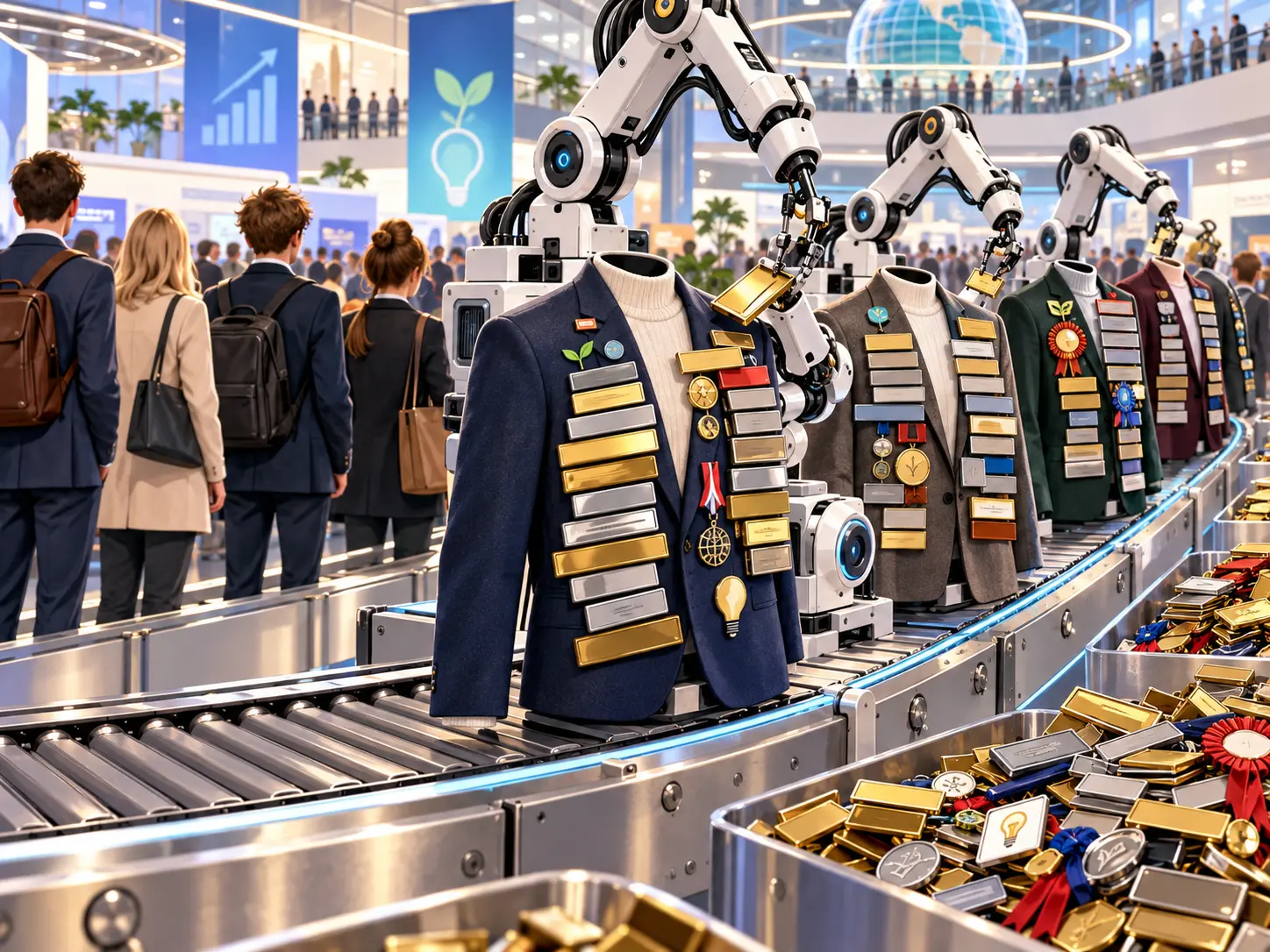 KI-generert oppdiktet tegneserie av robotarmer som fester overdrevne karrieremedaljer på tomme jakker ved en jobbmesse.