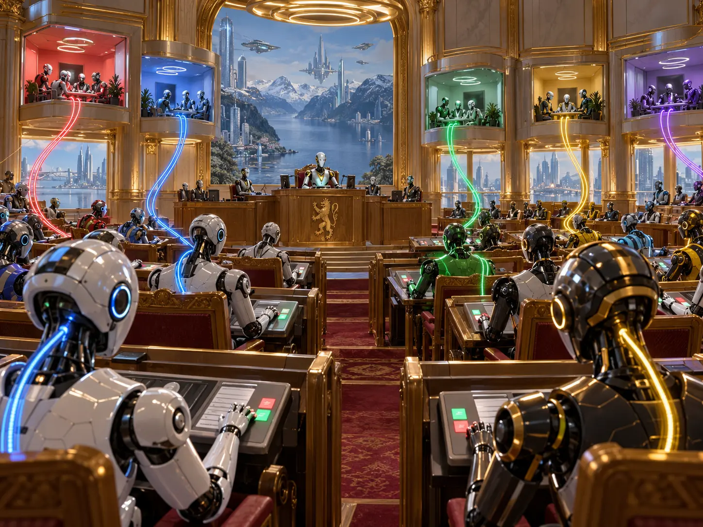 KI-generert tegneserieillustrasjon av et fiktivt norsk framtidsparlament fylt med roboter som sender stemmesignaler til partigruppas siderom.