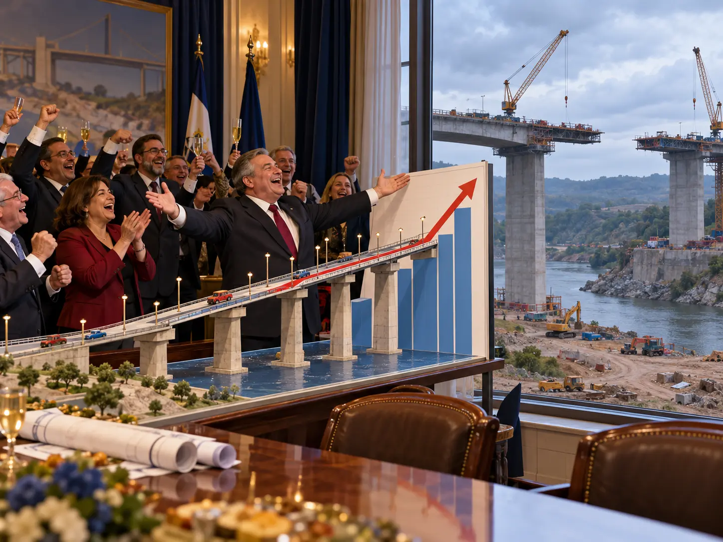 KI-generert tegneserie av et fiktivt parti som feirer en stigende graf mens en virkelig bro står uferdig utenfor.