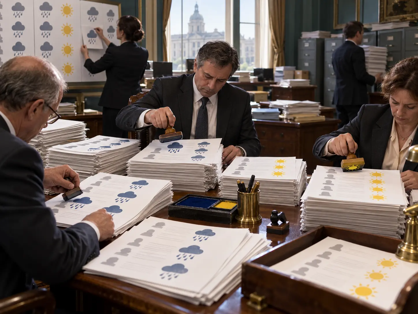 KI-generert tegneserie av et fiktivt departement som erstatter navn i en rapport med sol- og regnsymboler.