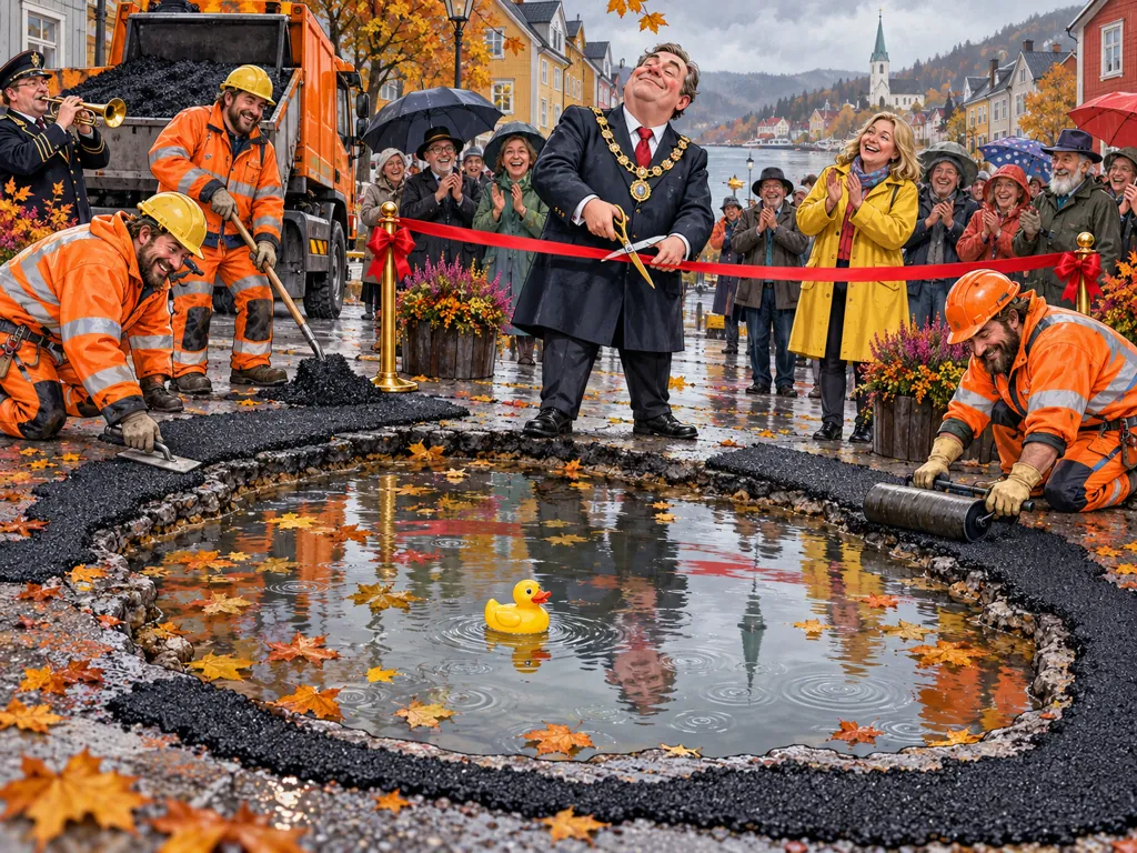 Kommunale representanter klipper en snor rundt et stort slaghull med badeand.