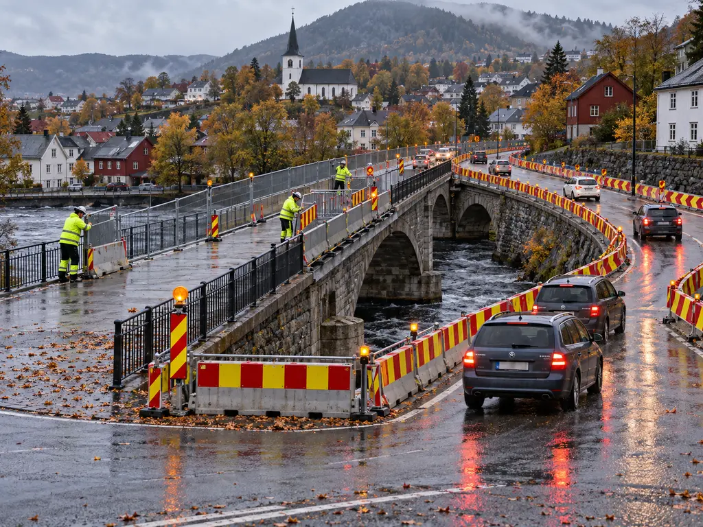 Biltrafikk ledes i en absurd sløyfe over en sperret steinbro i en norsk småby.