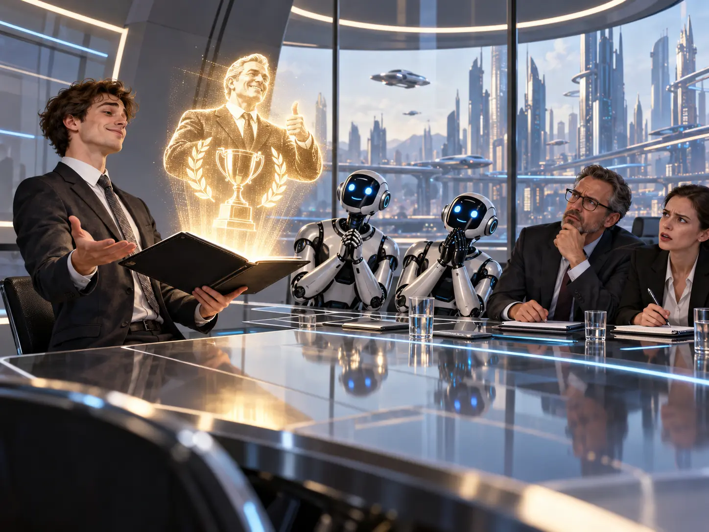 En jobbsøker projiserer et glødende hologram av en framtidig sjef foran rekrutteringsroboter og et forvirret intervjupanel.