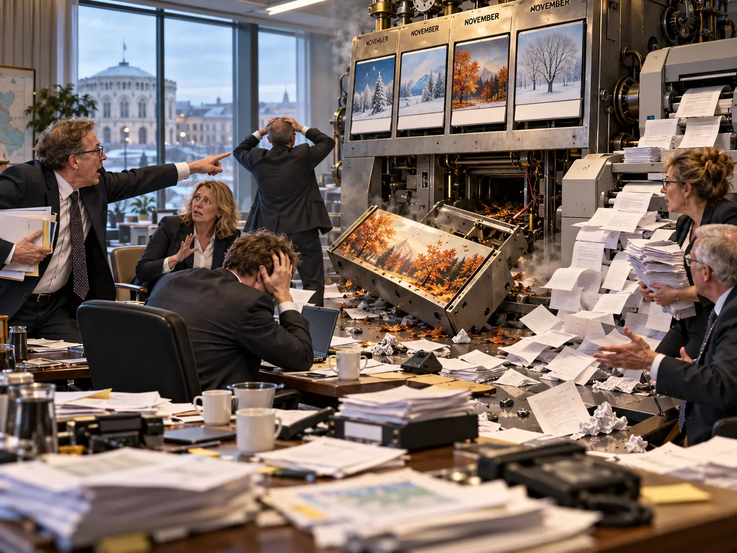 Anonyme embetsfolk står i et kaotisk møterom der november har falt ut av en enorm mekanisk kalender og unnskyldningspapirer fyller gulvet.