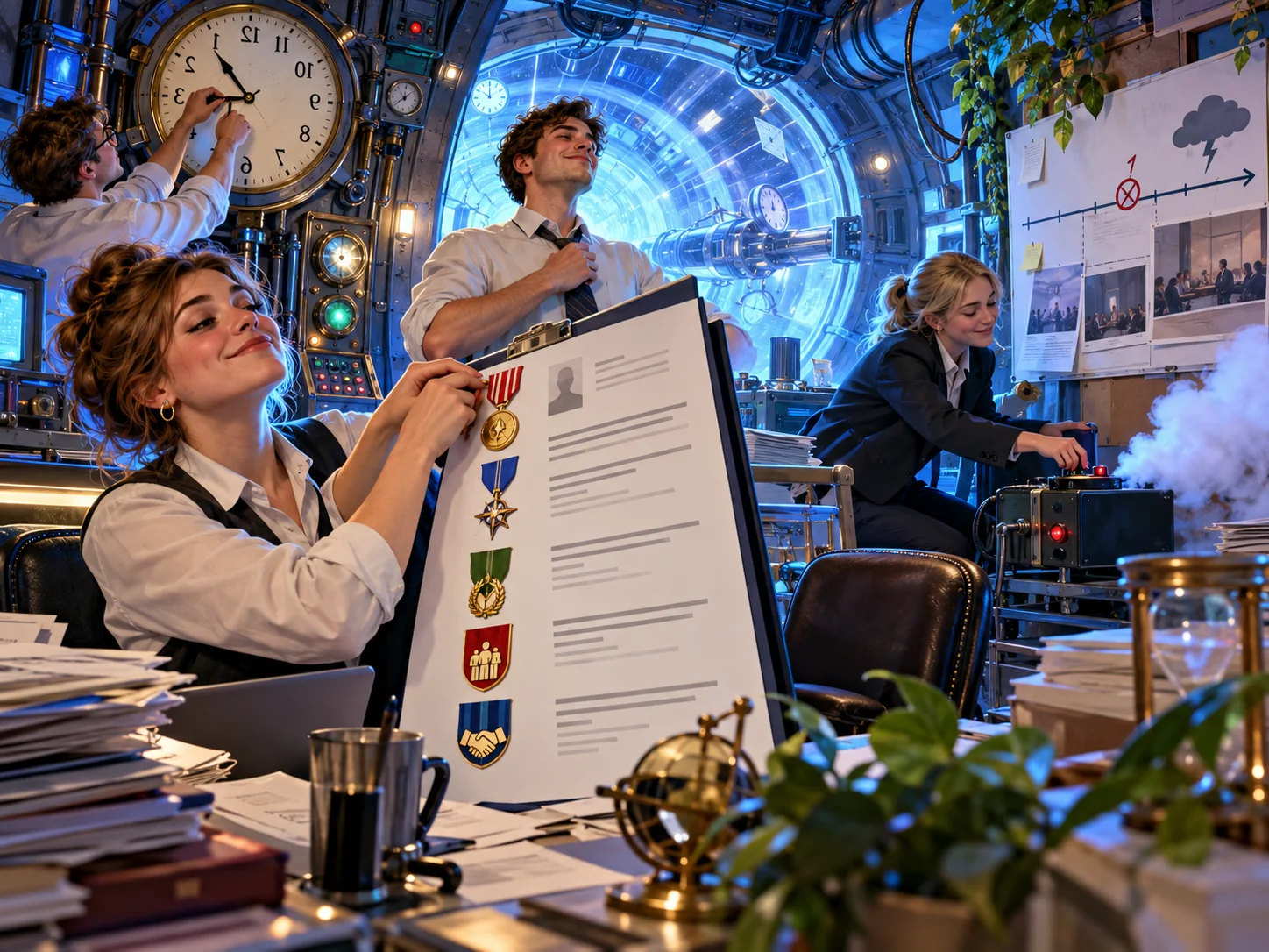 Oppdiktede voksne kursdeltakere dekorerer en CV med medaljer foran en baklengs klokke og en røykmaskin i et kontor bygget inn i en tidsmaskin.