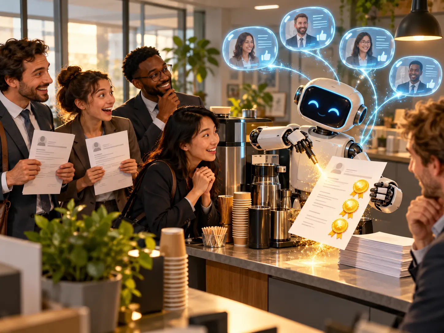 Anonyme voksne kandidater står ved en kaffemaskin mens en robot blåser opp tomme CV-felt til store medaljer og hologramreferanser nikker.