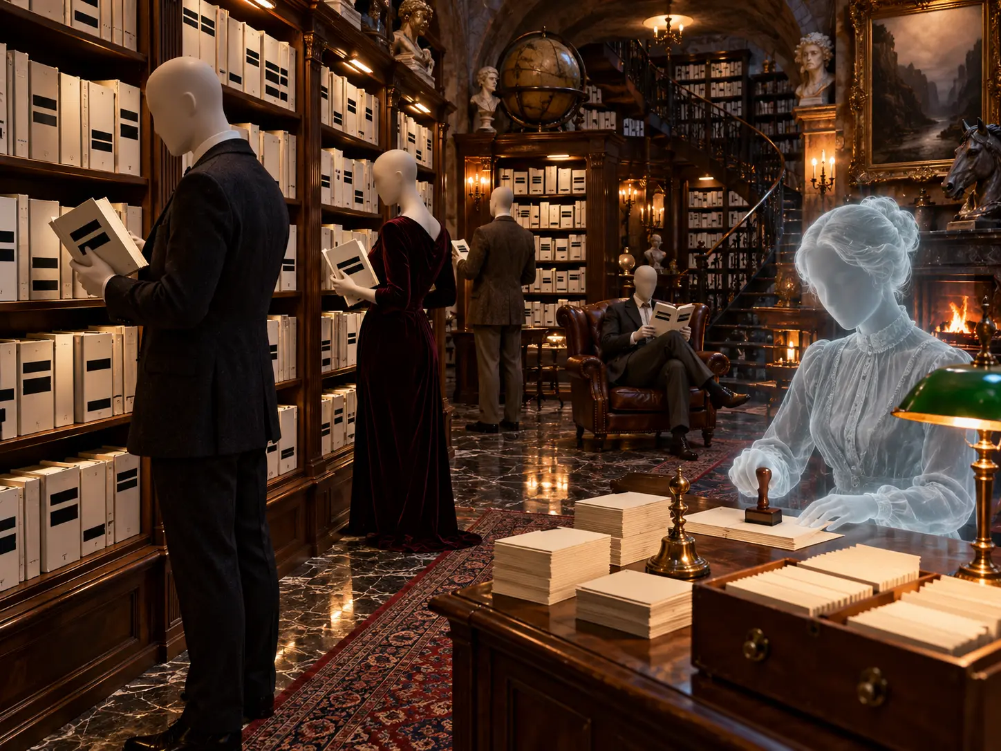 Ansiktsløse utstillingsdukker sitter i et overdådig, oppdiktet kjellerbibliotek med blanke bøker, svarte felt og et spøkelse bak skranken.