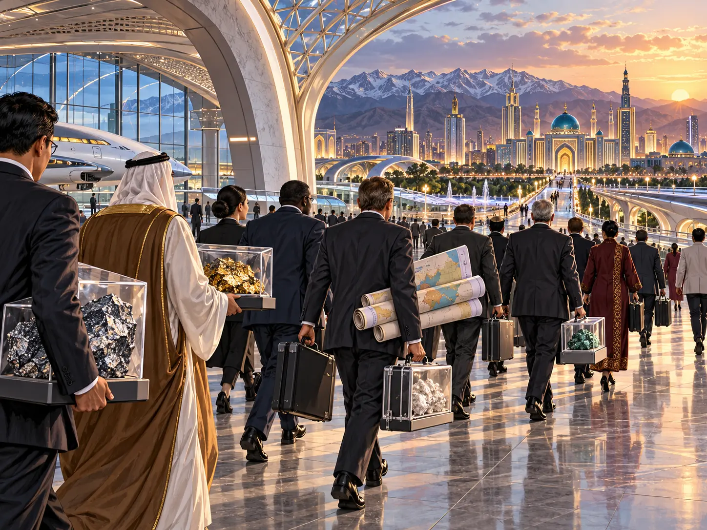 En anonym stor diplomatdelegasjon med kofferter og mineralprøver går gjennom en futuristisk terminal langs en stilisert silkevei mot Samarkand.