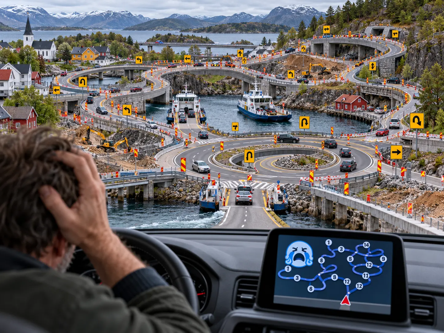 Realistisk tegneserie av et norsk veikryss med fjorten svingete omkjøringer, en rundkjøring inni en rundkjøring og en fortvilet GPS.