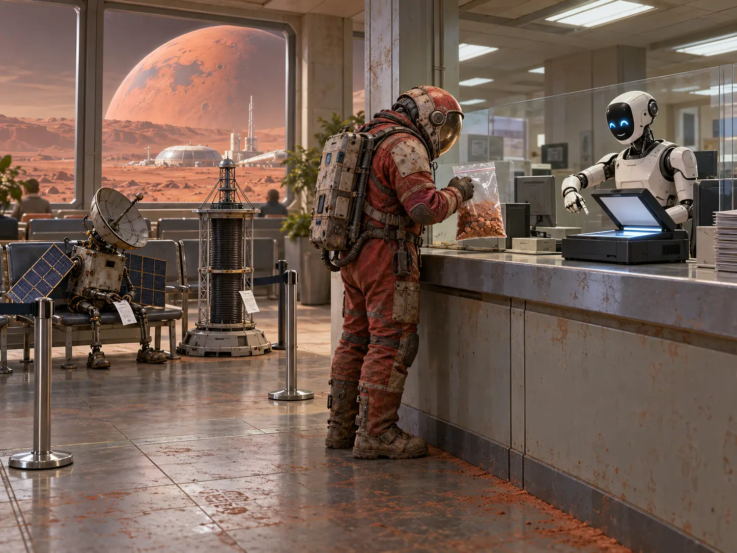 Realistisk tegneserie av en Mars-beboer med gruspose foran en robotveileder på et slitent intergalaktisk servicekontor.