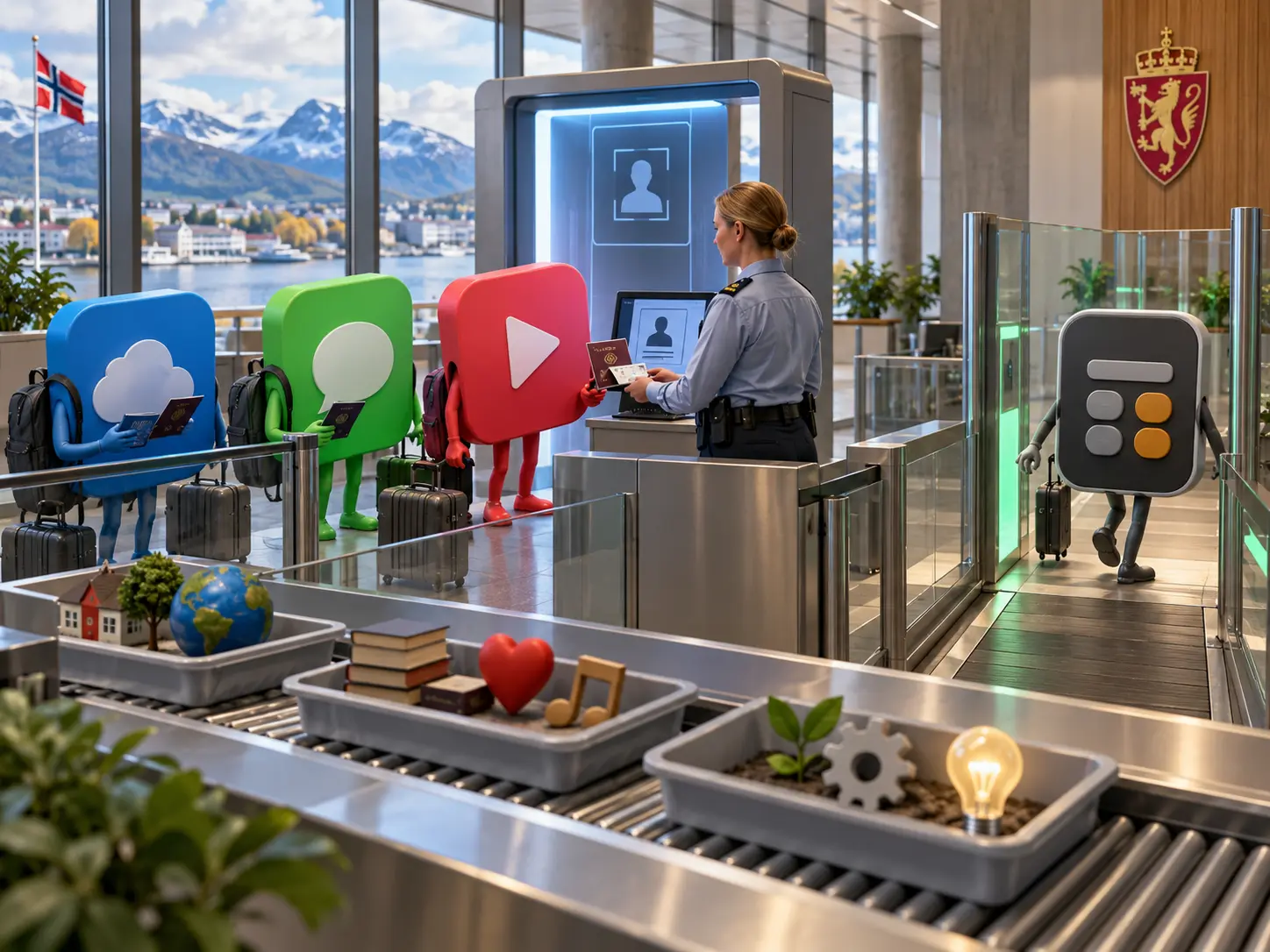 Realistisk tegneserie av tre anonyme mobilapper som står i passkontroll foran en digital 16-årsport mens en kalkulator går forbi.