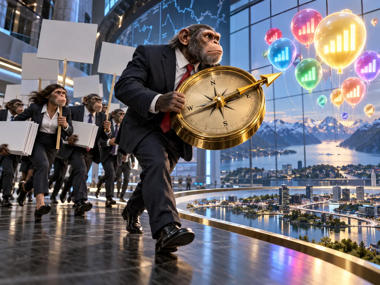 Realistisk tegneserie av anonyme apeaktige partistrateger som løper etter fargerike meningsmålingsballonger med et stort messinginstrument i et futuristisk kontor.