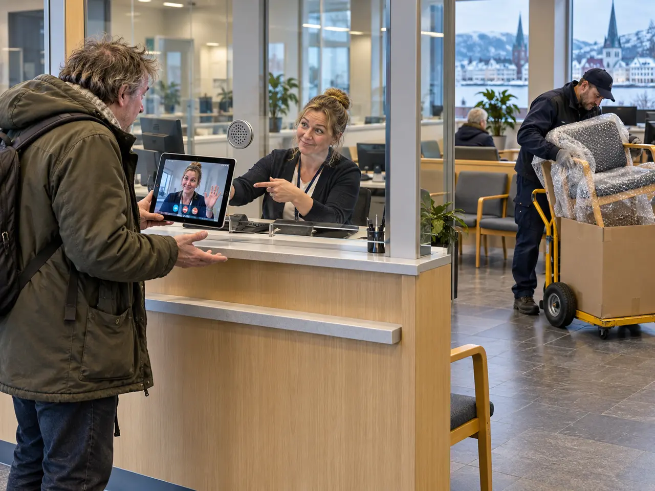 Realistisk tegneserie av en innbygger ved en kommunal skranke som ser samme saksbehandler på et nettbrett mens en budarbeider pakker inn venteromsstolen.