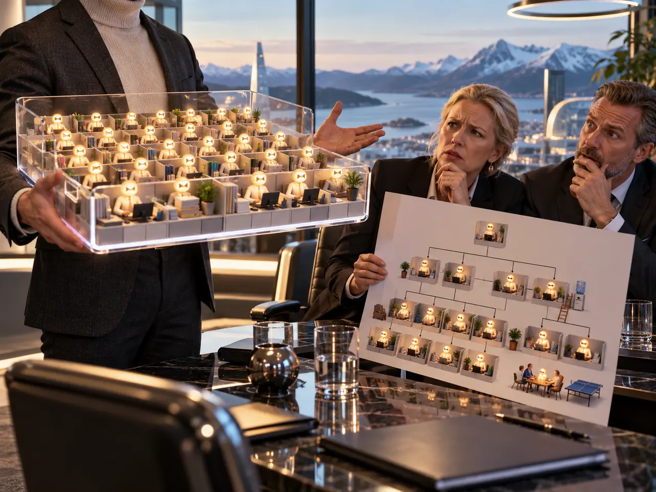 Realistisk tegneserie av et jobbintervju der en kandidat viser en gjennomsiktig innboks med 47 små lysende e-postfigurer i kontorlandskap.