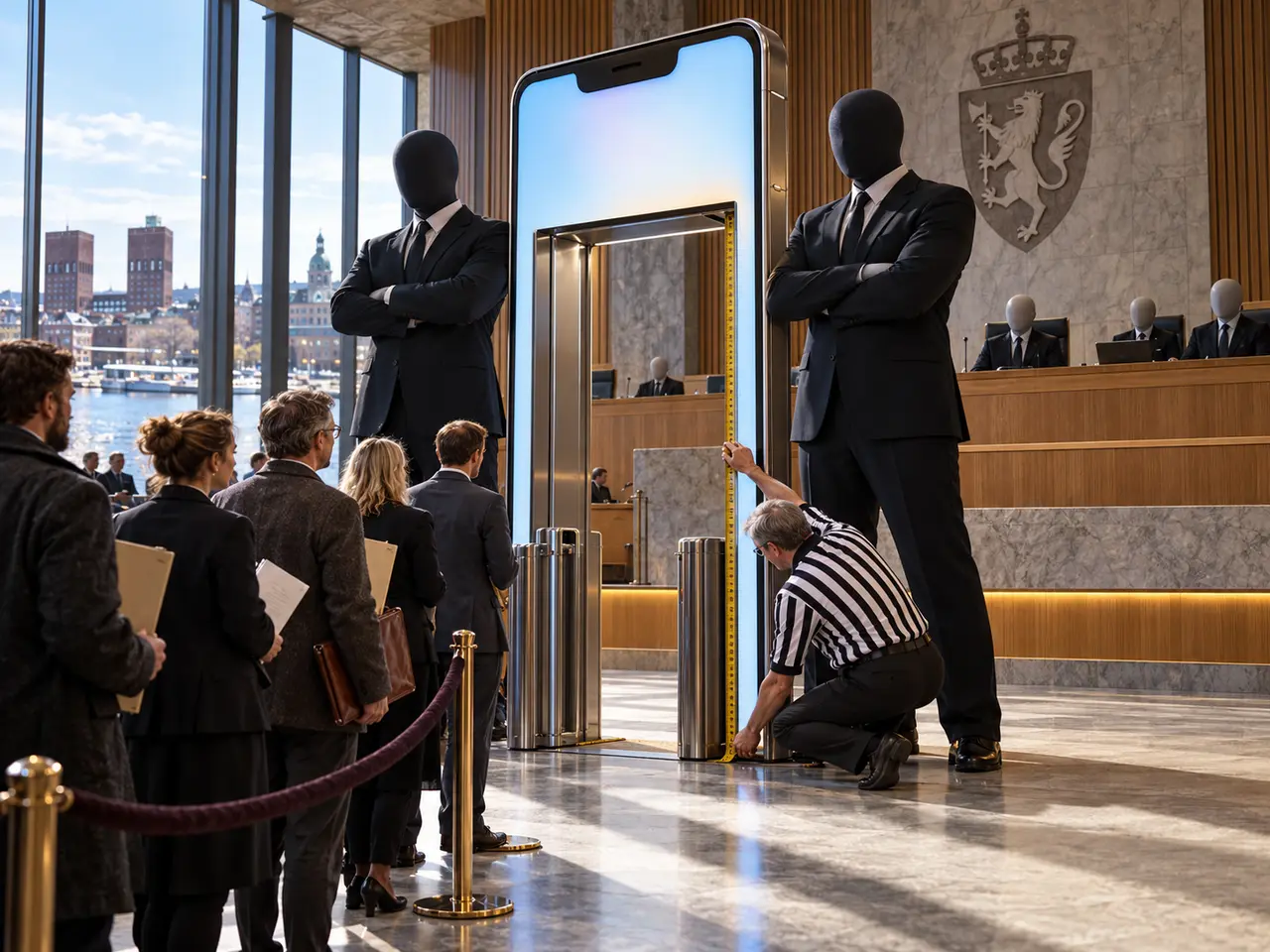 Realistisk tegneserie av en enorm mobiltelefon som port i en norsk høringssal, voktet av anonyme dressfigurer mens småbedrifter står i kø.