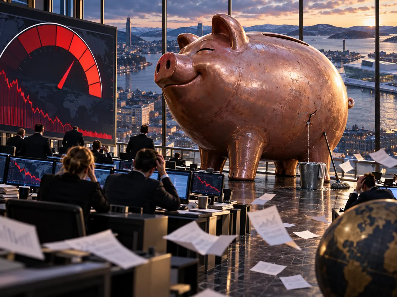 Realistisk tegneserie av en enorm kobberfarget sparegris med en liten lekkasje i et finansielt kontrollrom over Oslo.