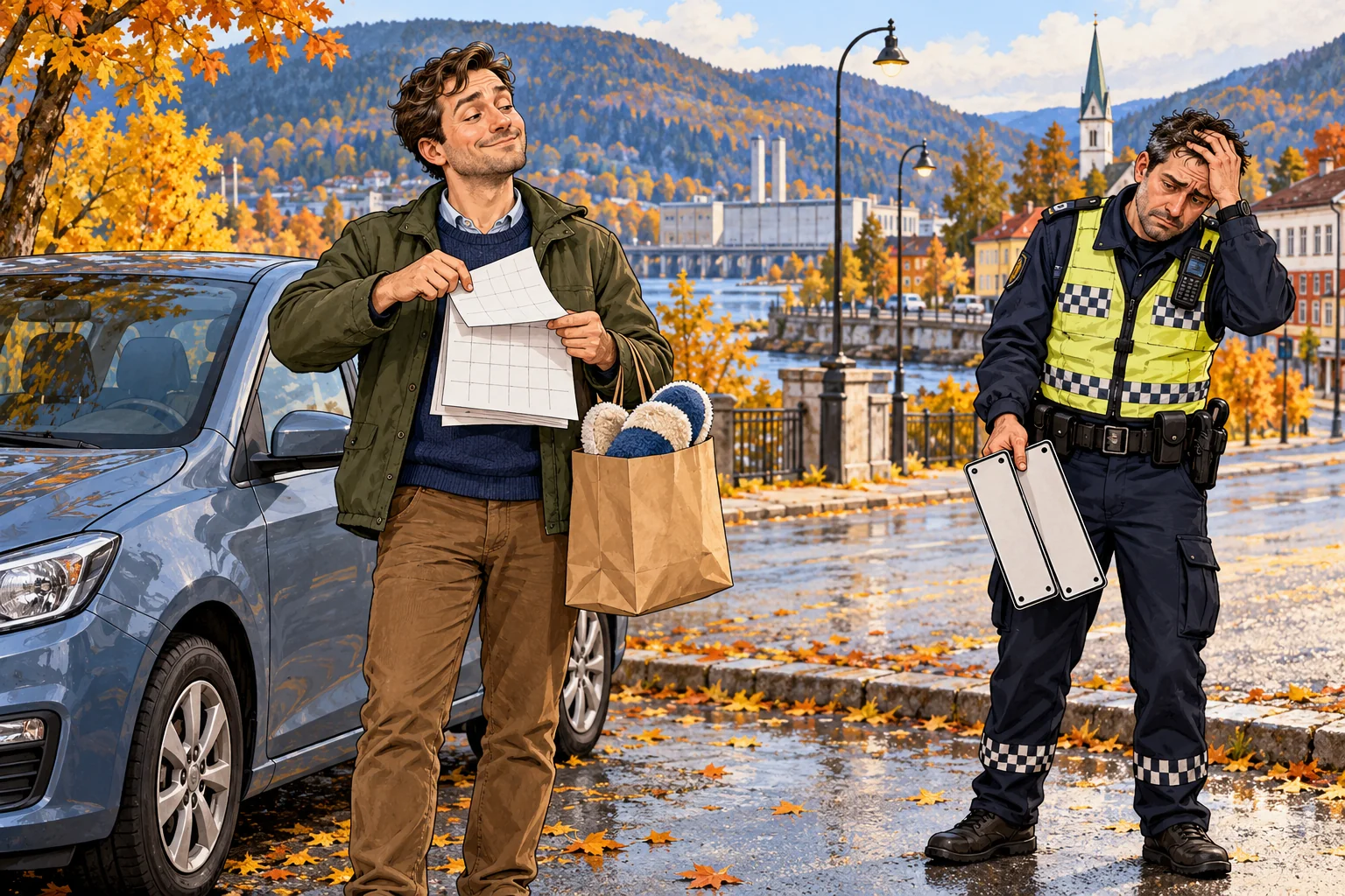 Tegnet voksen bilfører viser en kalender mens en betjent holder to avmonterte blanke bilskilter ved en parkert bil.