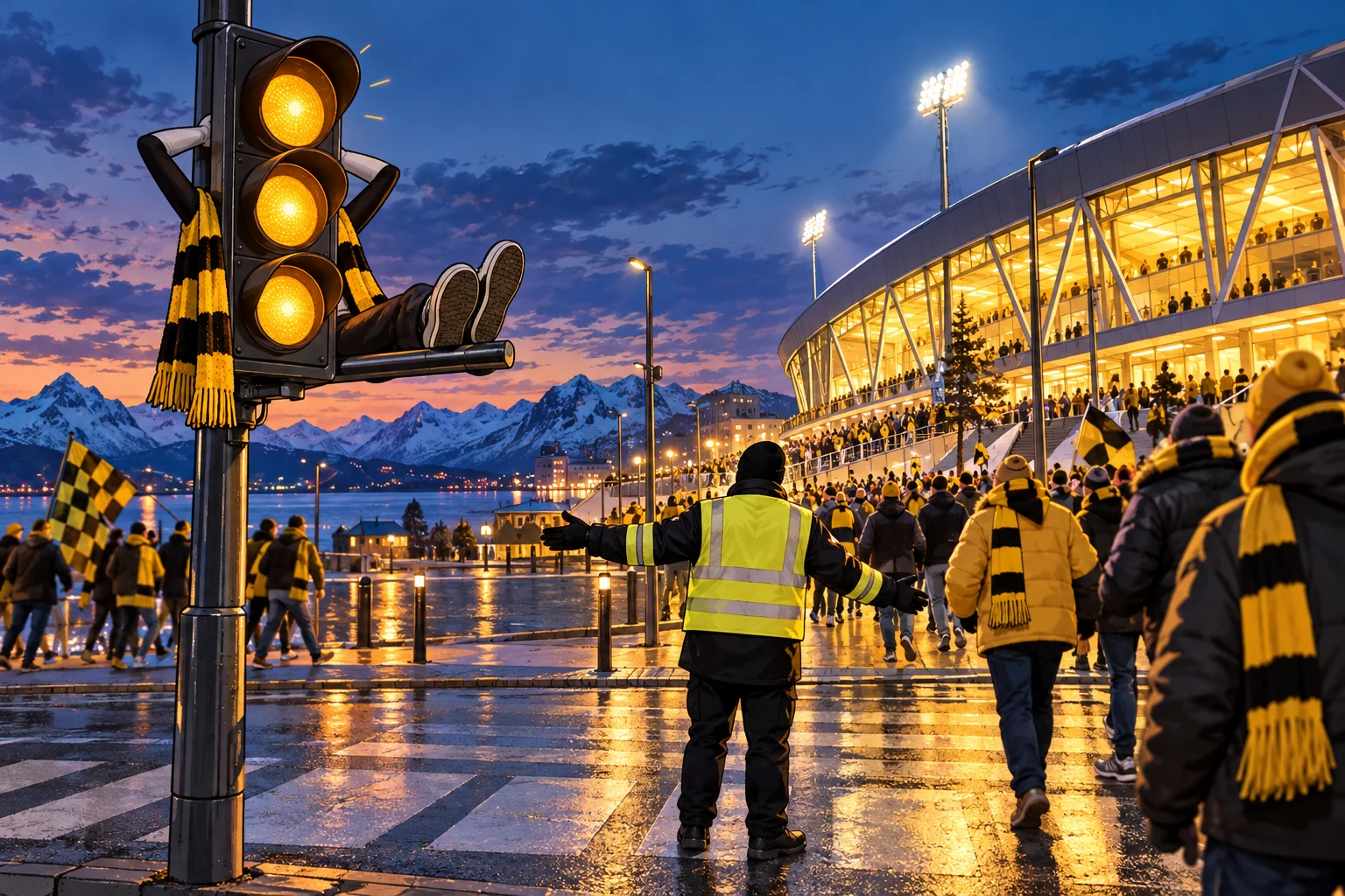 Satirisk illustrasjon av et gult blinkende trafikklys og voksne fotballsupportere ved et stadion.