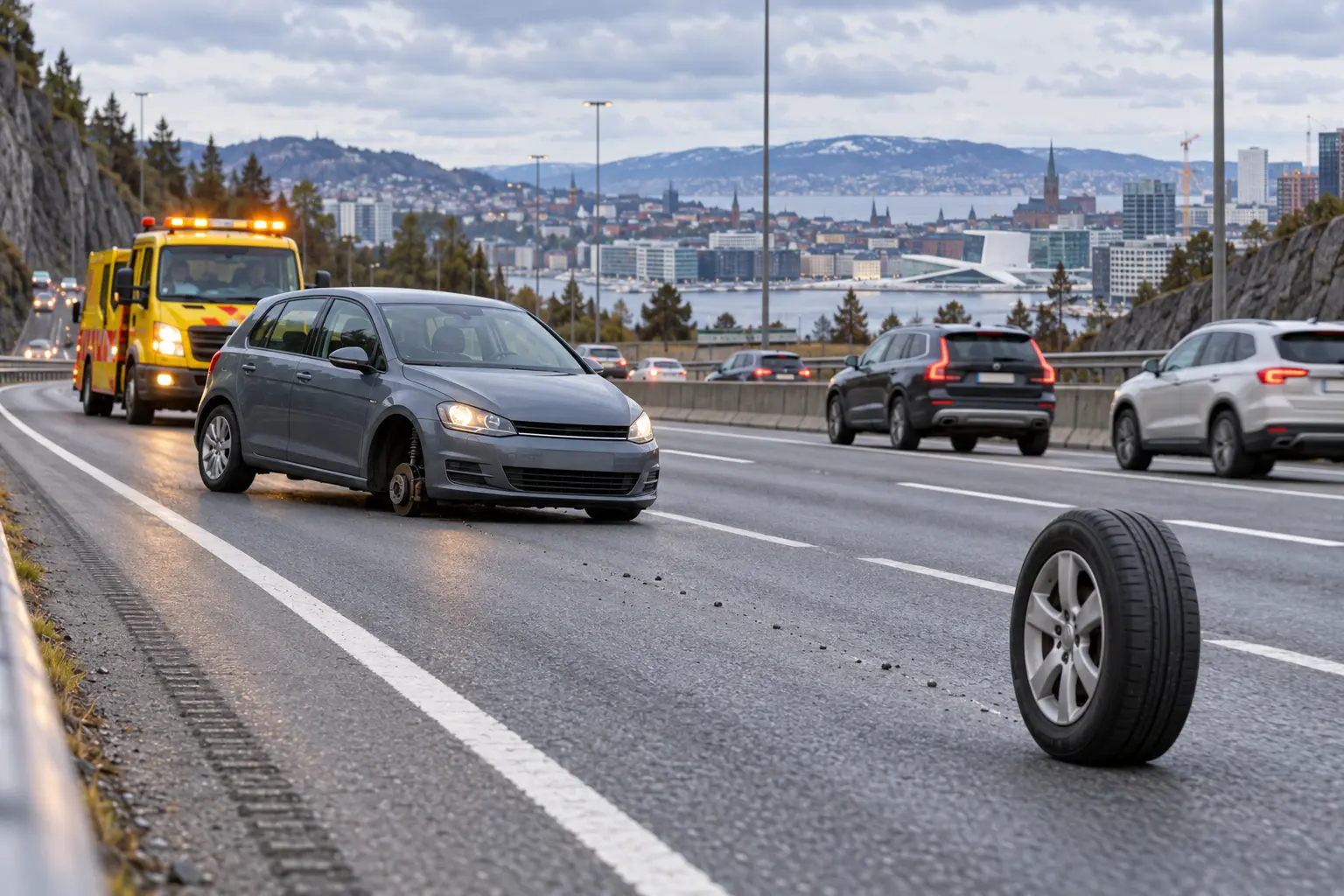 Avisillustrasjon av en bil som står på tre hjul på en urban ringvei mens det løse hjulet ligger lenger fremme.