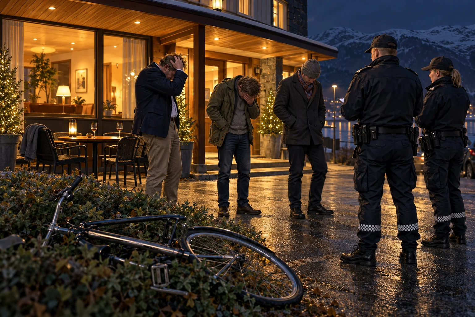 Avisillustrasjon av tre voksne menn og to betjenter utenfor et hotell, med en veltet sykkel i forgrunnen.