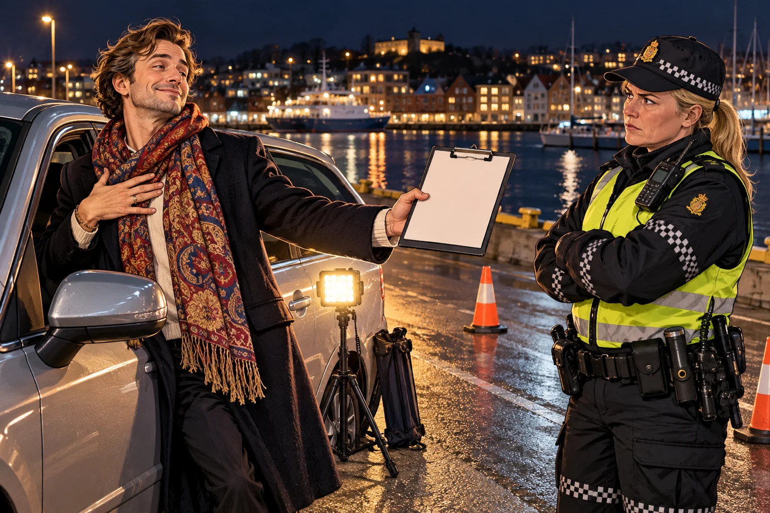 Tegnet voksen bilist tilbyr en kontrakt til en betjent ved en parkert bil og et lite filmstativ.