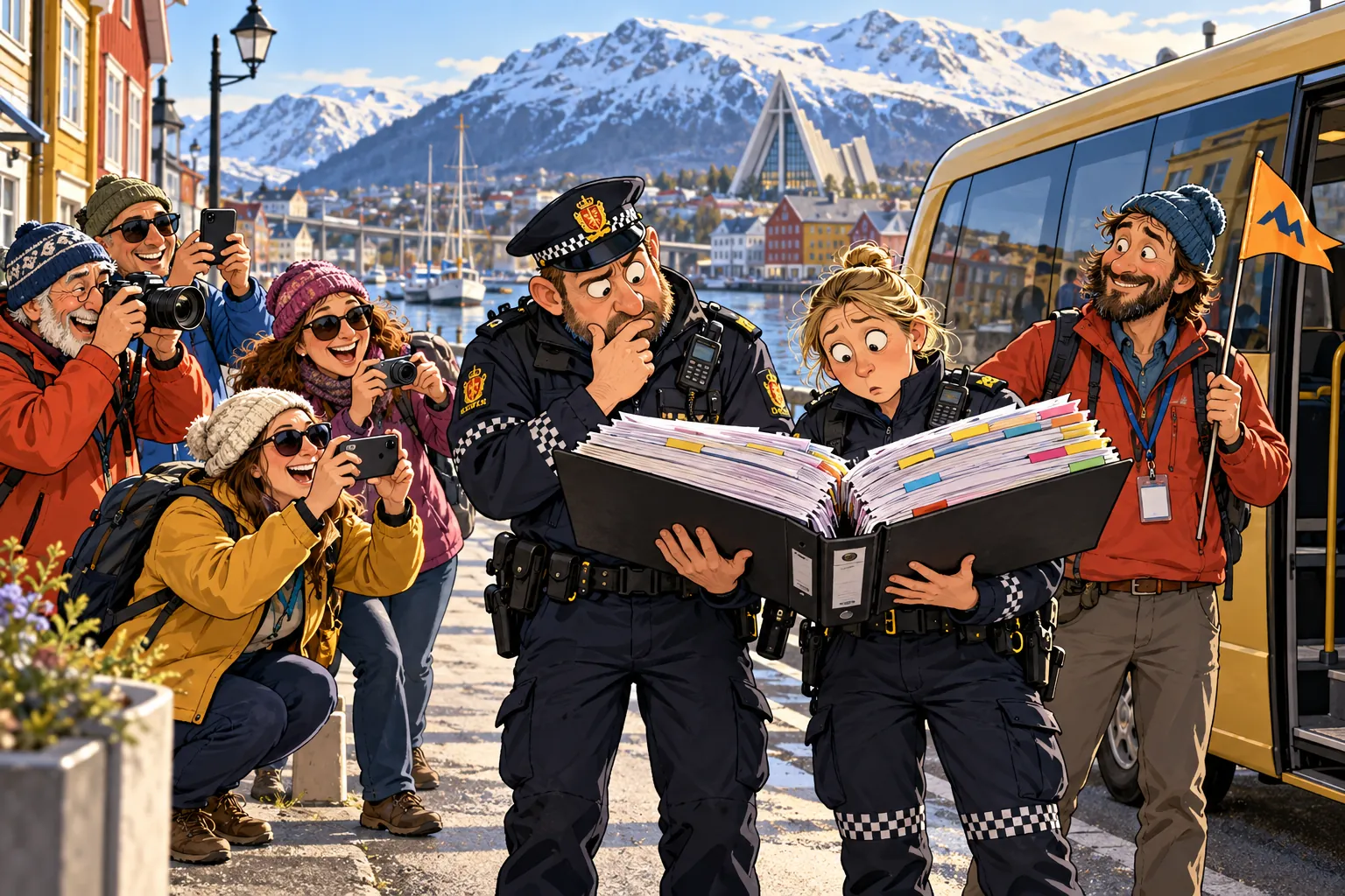Satirisk tegneserieillustrasjon av voksne turister som fotograferer politiets kontroll av dokumenter ved en minibuss.