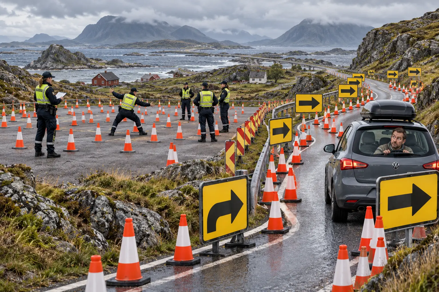Avisillustrasjon av en skiltet politiøvelse og en overdreven omkjøring på en norsk kystvei.