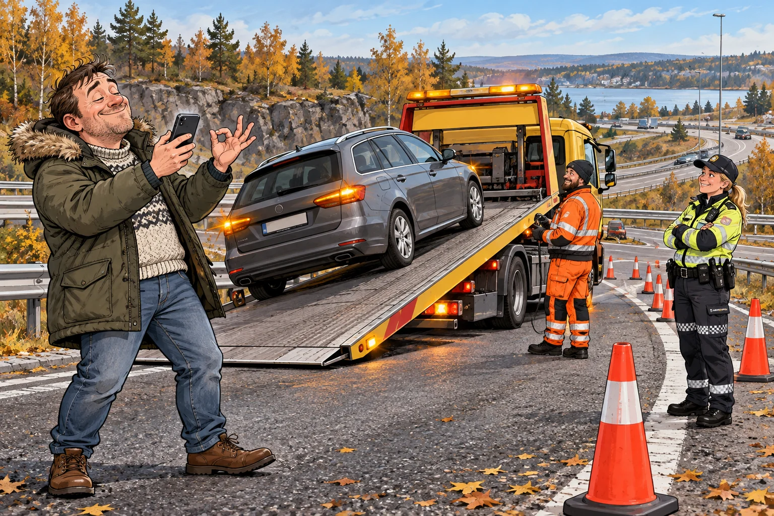 Tegnet bil med nødblink lastes på bilberger mens en voksen tilskuer betrakter det som en parkeringsløsning.