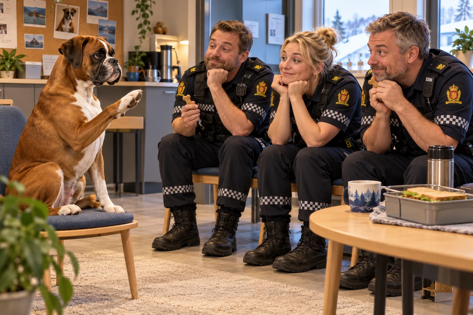 Tegnet boxer i et pauserom foran tre sittende betjenter med hundegodbiter.