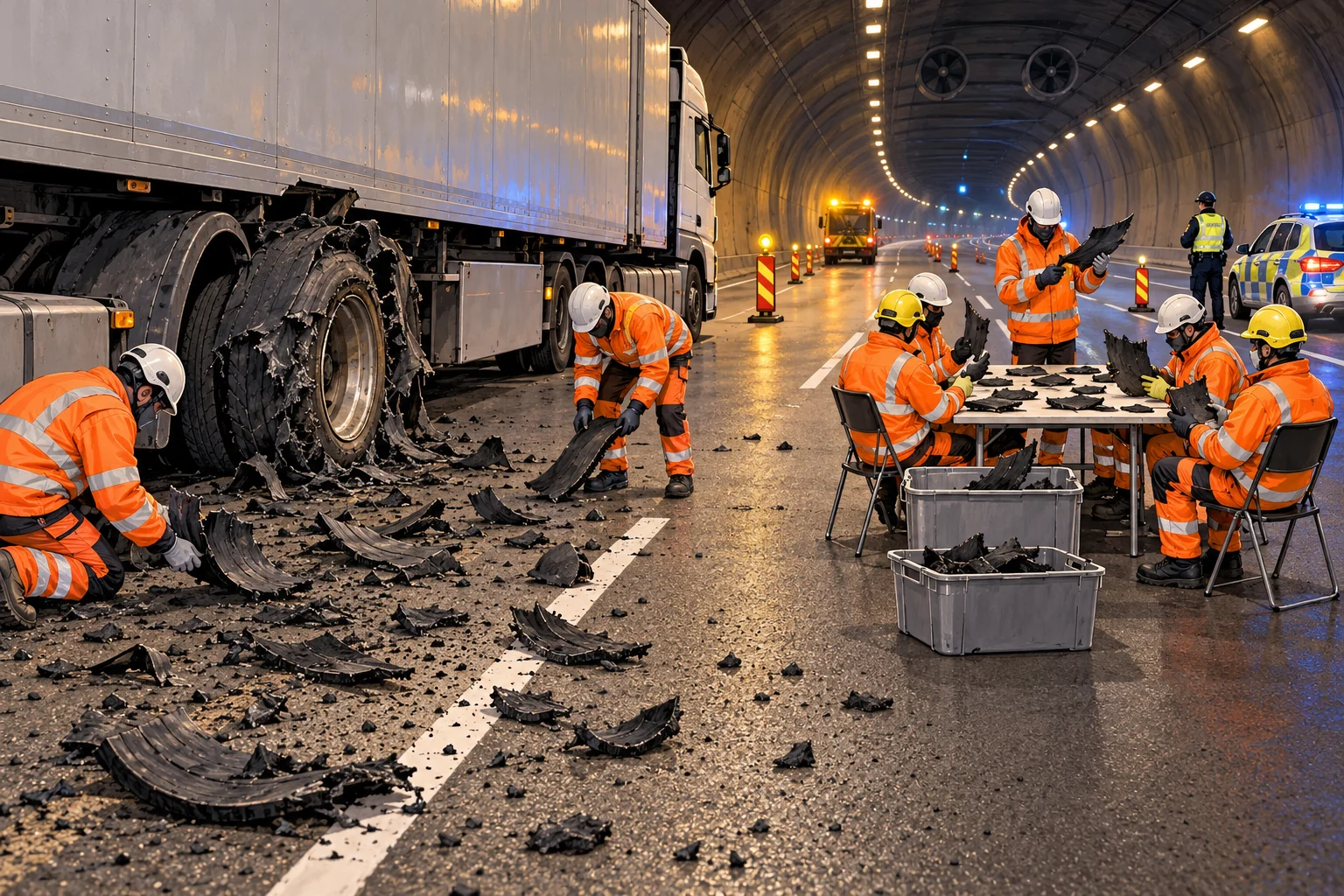 Satirisk avisillustrasjon av veiarbeidere som rydder gummideler ved et vogntog i en stengt tunnel.