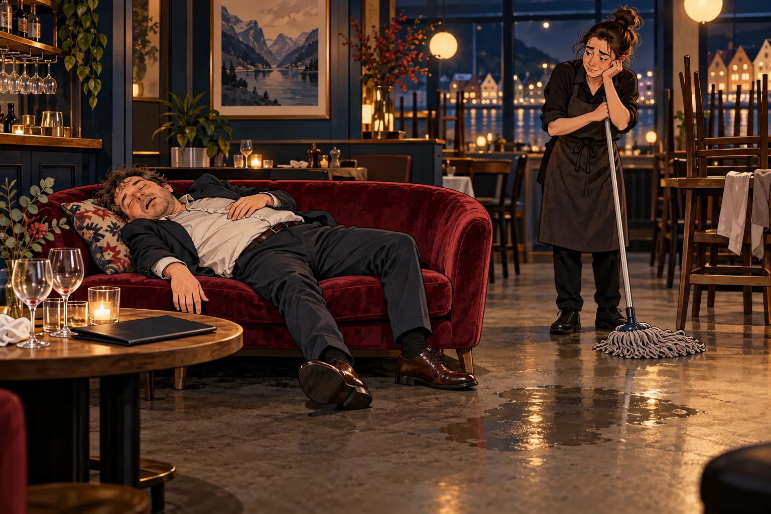 Satirisk avisillustrasjon av en sovende restaurantgjest på en sofa mens en ansatt står med mopp ved et vått gulv.