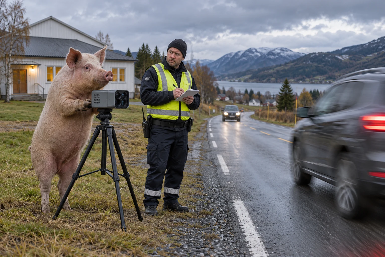 Avisillustrasjon av en gris ved en norsk landevei sammen med en betjent i refleksvest.