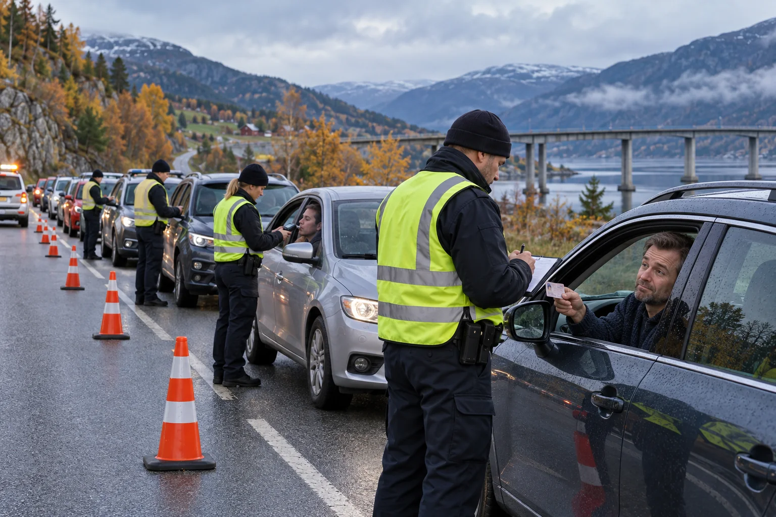 Avisillustrasjon av en promillekontroll ved en norsk landevei, der en voksen fører leverer førerkortet til en betjent.