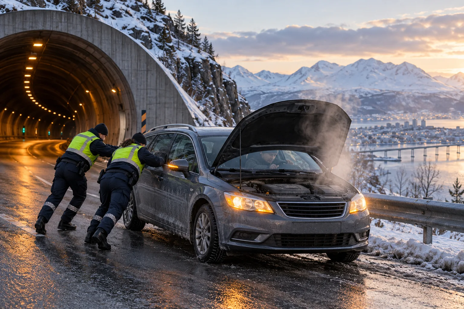 Avisillustrasjon av to betjenter som dytter en bil med motorstopp ut av veien ved et tunnelutløp.