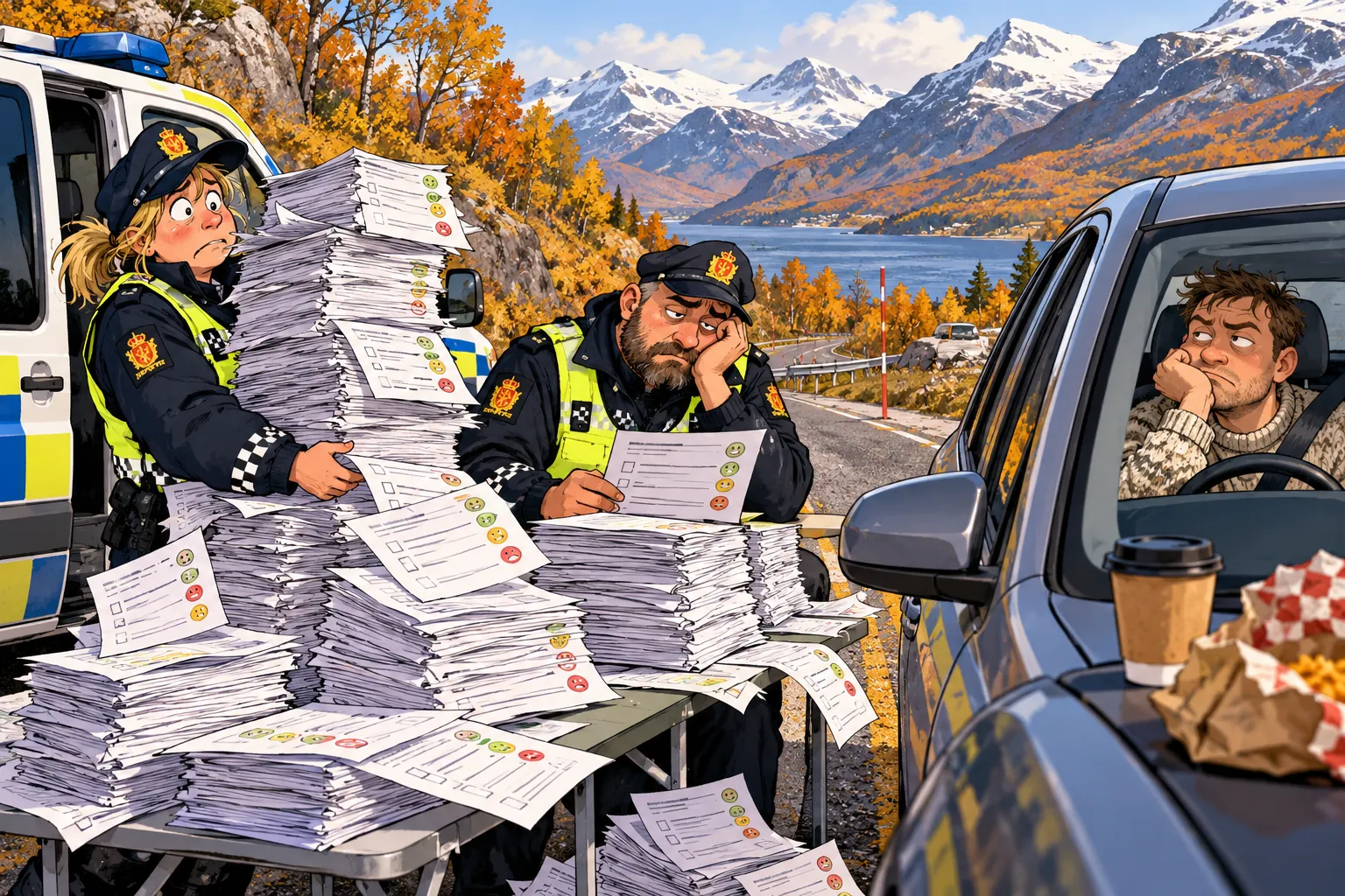 Satirisk tegneserieillustrasjon av politiet med store stabler med spørreskjema og en ventende bilfører ved en trafikkontroll.