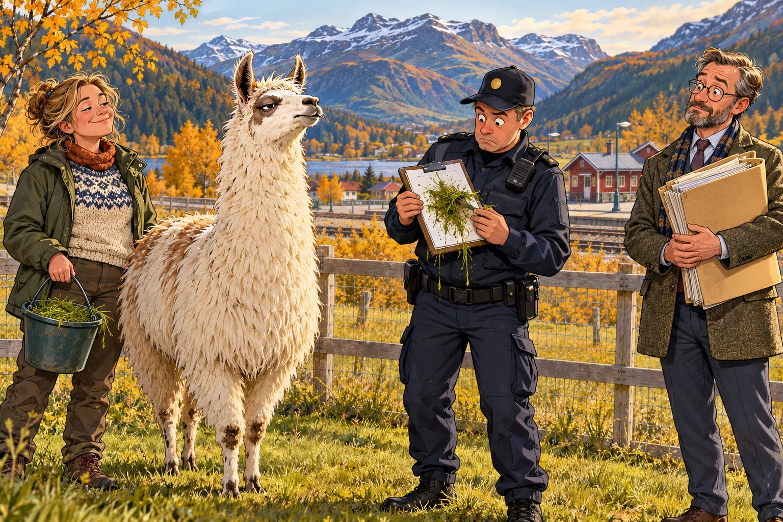Tegnet lama på en trygg inngjerdet plass ved en eier med fôrbøtte, en tilskuer og en betjent med grønt søl på notatarket.