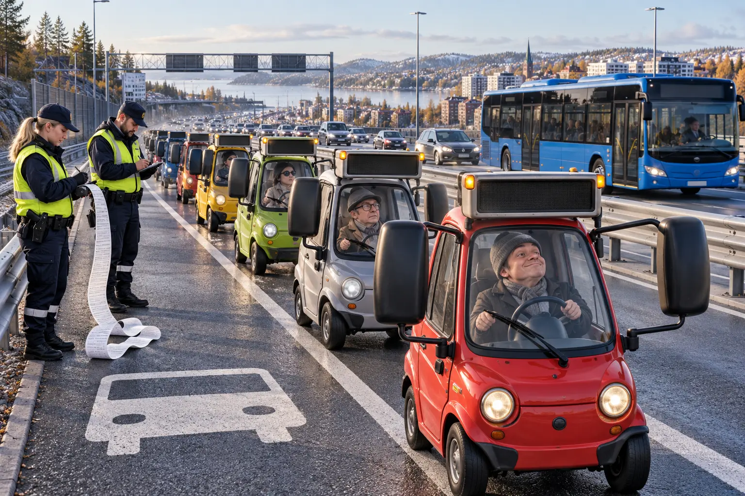 Avisillustrasjon av små biler som later som busser i kollektivfeltet mens politiet skriver en lang rekke forelegg.