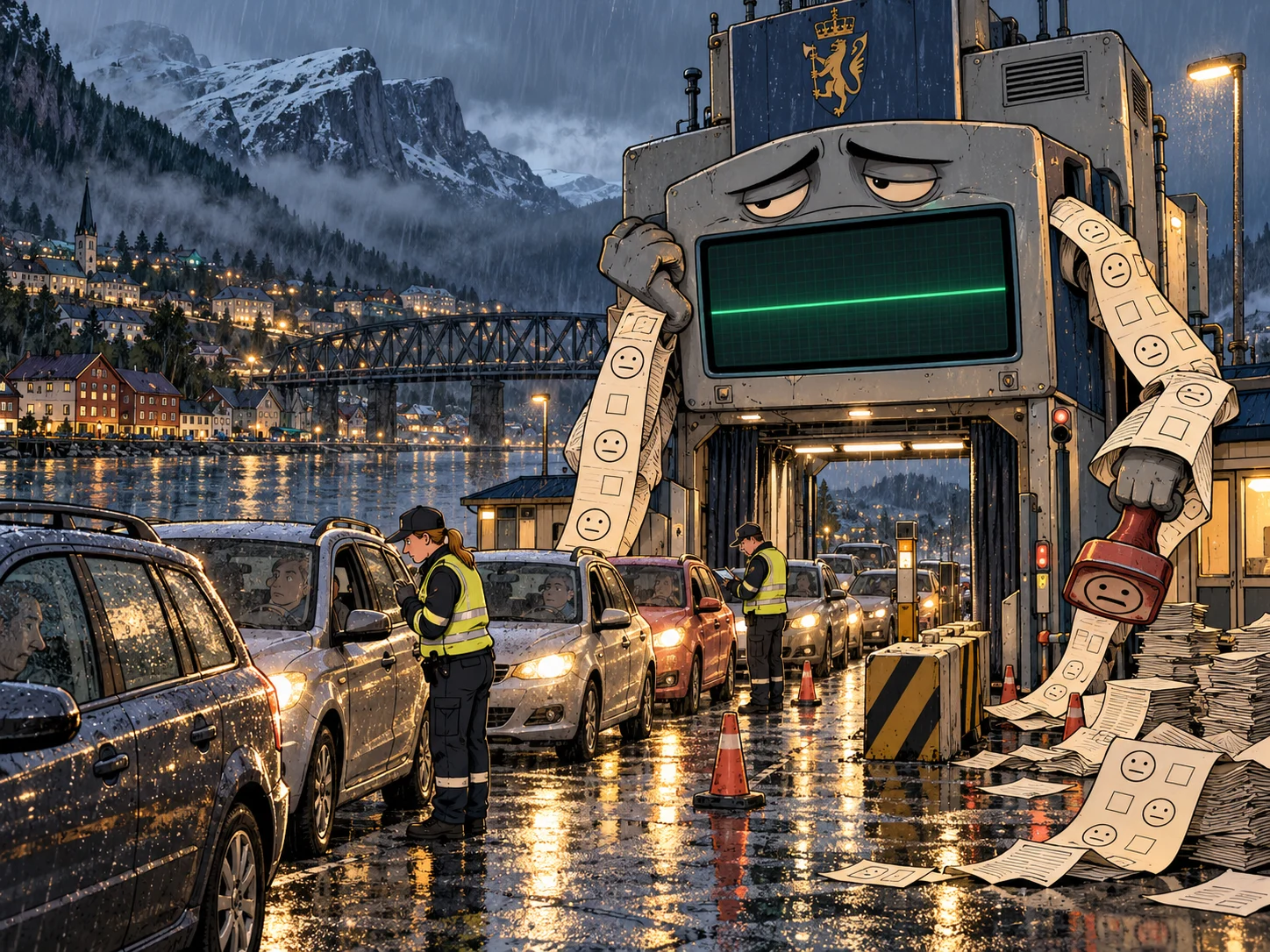 Satirisk tegneserieillustrasjon av Mosjøen-fortellingens absurde situasjon.