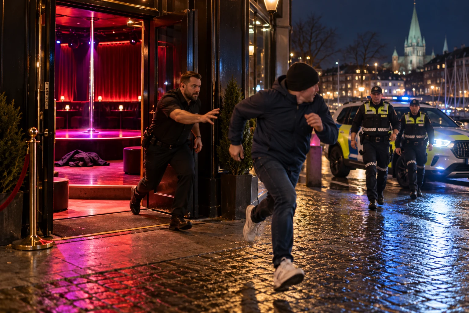 Avisillustrasjon av en fullt påkledd mann som løper fra et utested mens ansatte og politi følger etter.