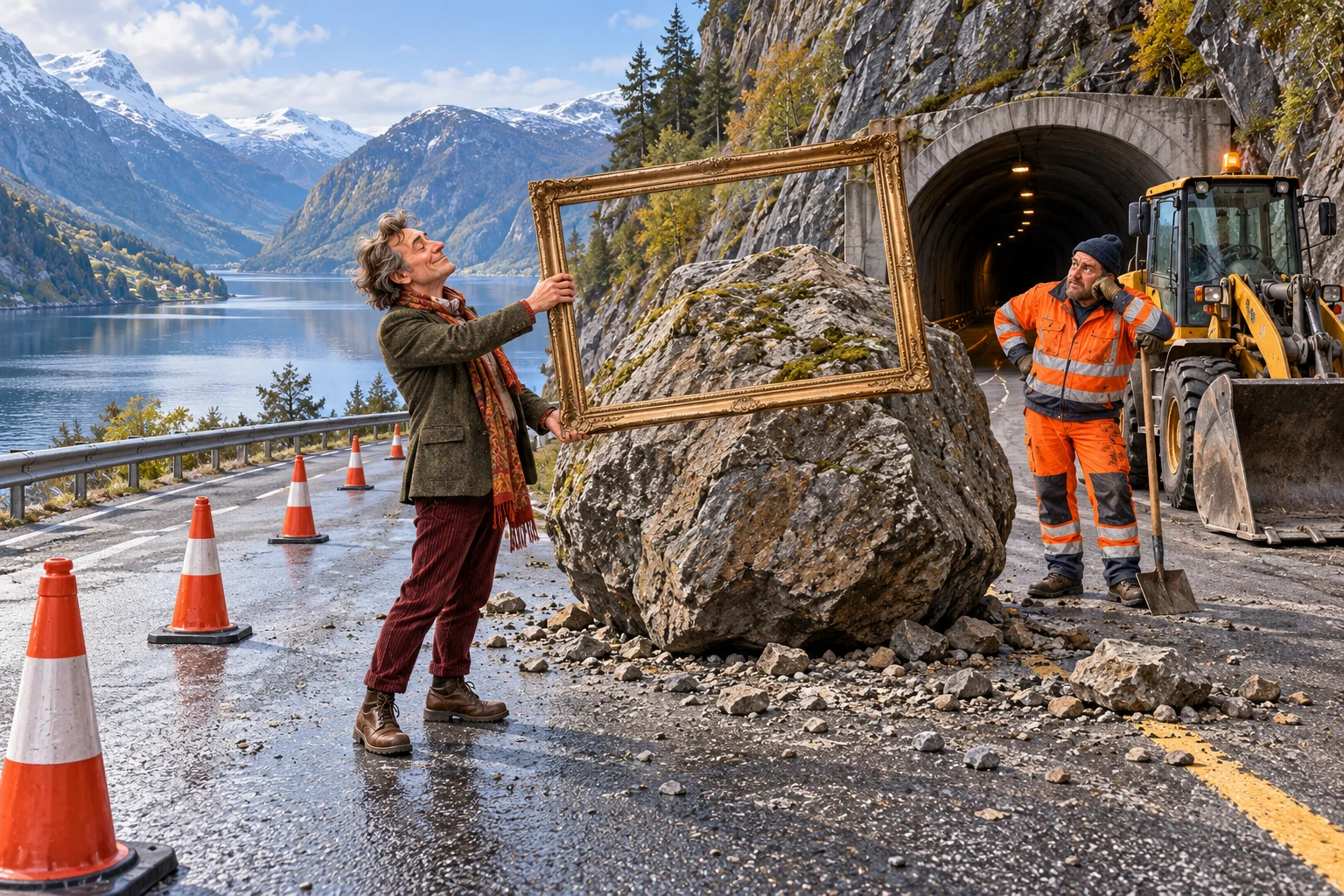 Tegnet stein ved en avsperret vei, med en kunstentusiast som holder en bilderamme og en ventende entreprenør.