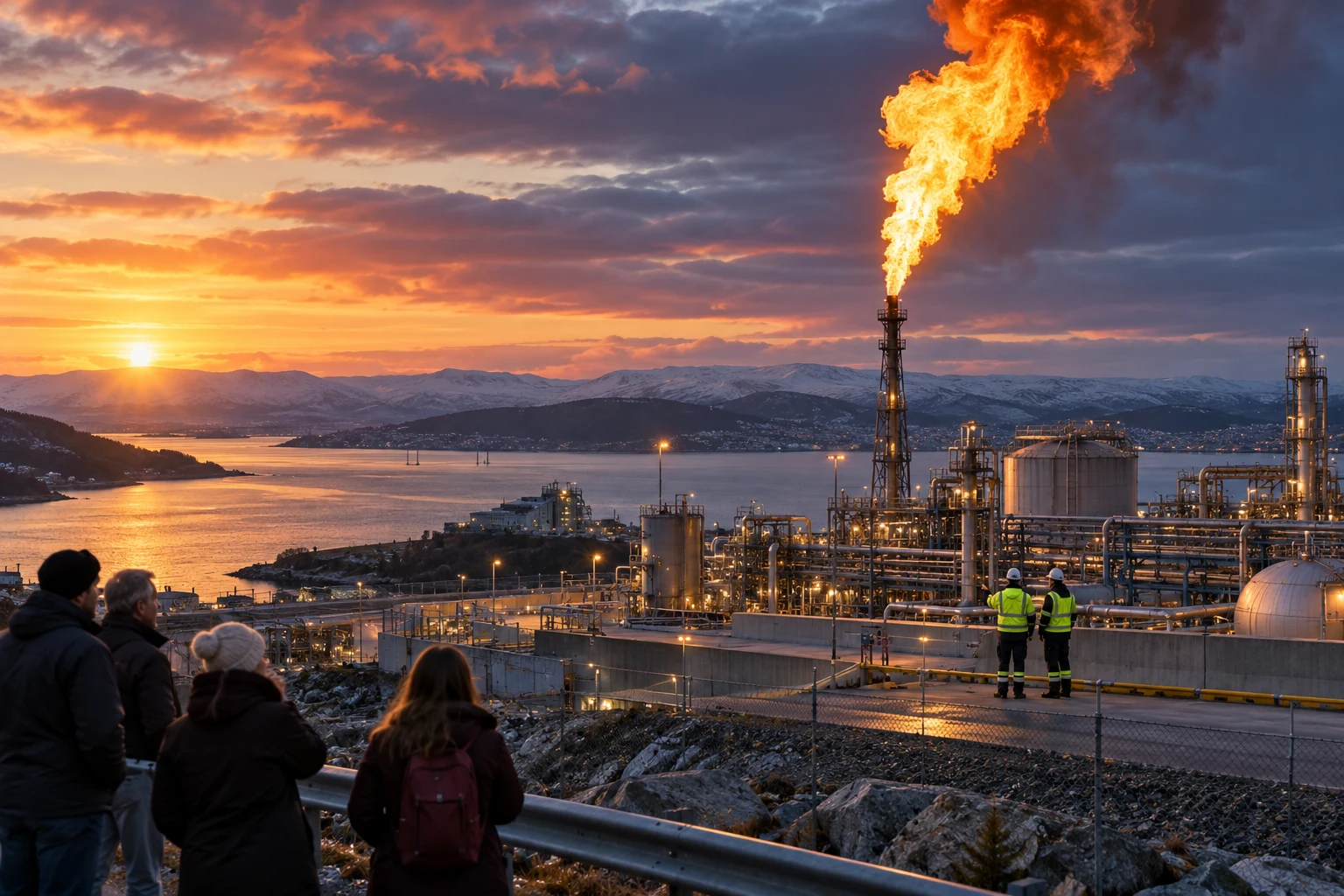 Avisillustrasjon av kontrollert fakling ved et industrianlegg med teknikere og tilskuere på trygg avstand.