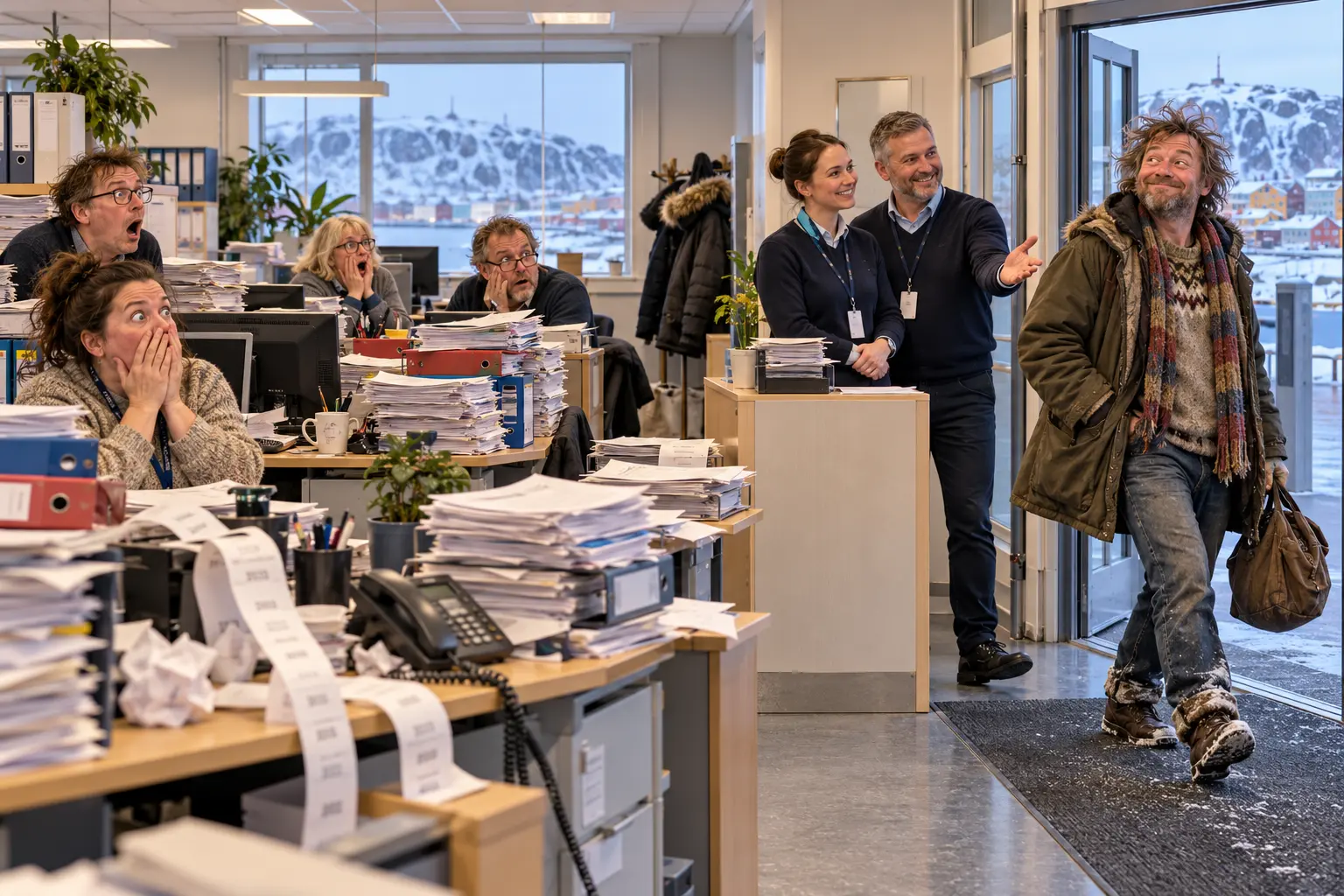 Avisillustrasjon av et offentlig kontor der en mann går rolig ut mens ansatte sitter overrasket blant bunker av skjemaer.