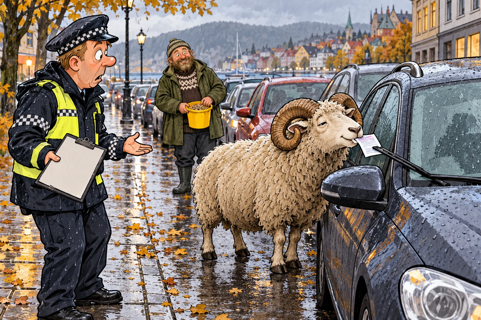 Tegnet vær tygger på en papirlapp ved parkerte biler mens en betjent og eier med fôrbøtte ser på.