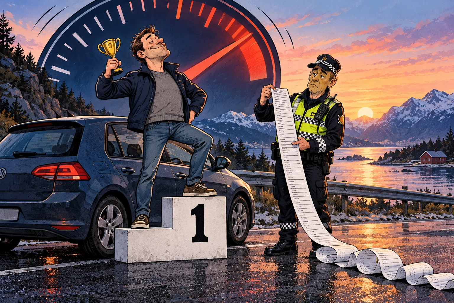 Tegnet voksen bilist feirer på en liten seierspall mens en betjent holder fram en lang regning.