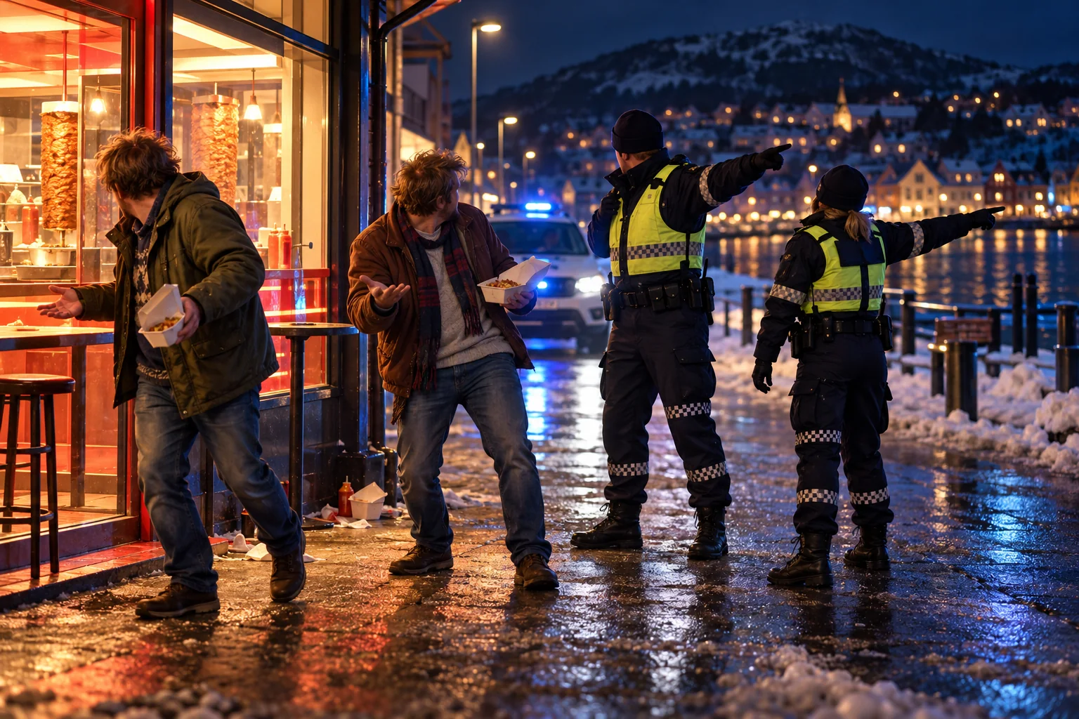 Avisillustrasjon av to berusede voksne utenfor et serveringssted mens politiet viser dem bort.