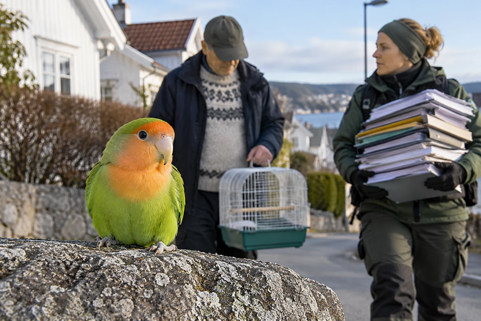 Avisillustrasjon av en grønn og oransje dvergpapegøye med fuglebur og papirbunker i en norsk boliggate.